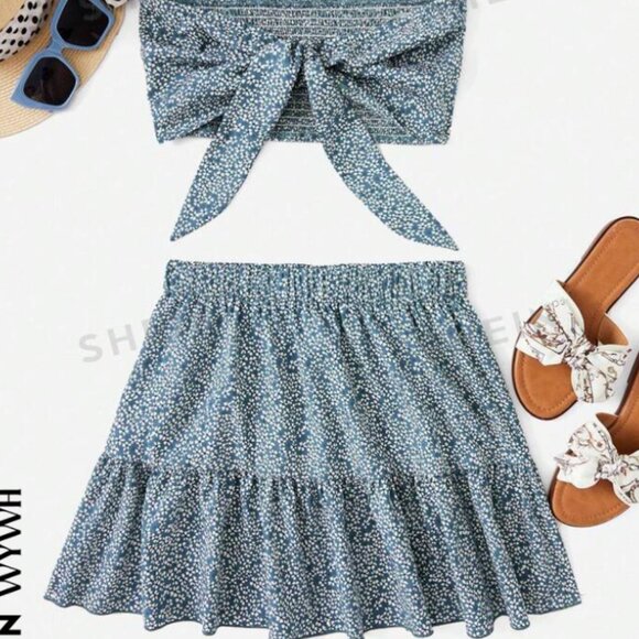 SHEIN WYWH Ditsy Floral Print Tie Front Tube Top & Ruffle Hem Skirt - Picture 1 of 1